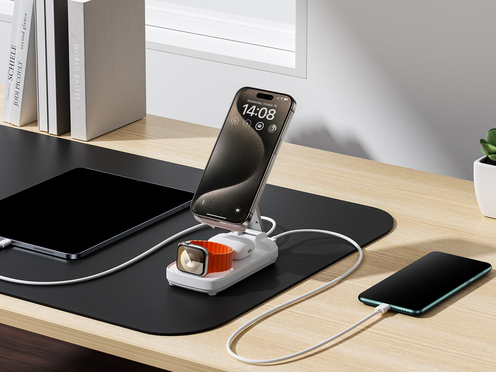 Modern workspace featuring multiple devices charged by a power bank