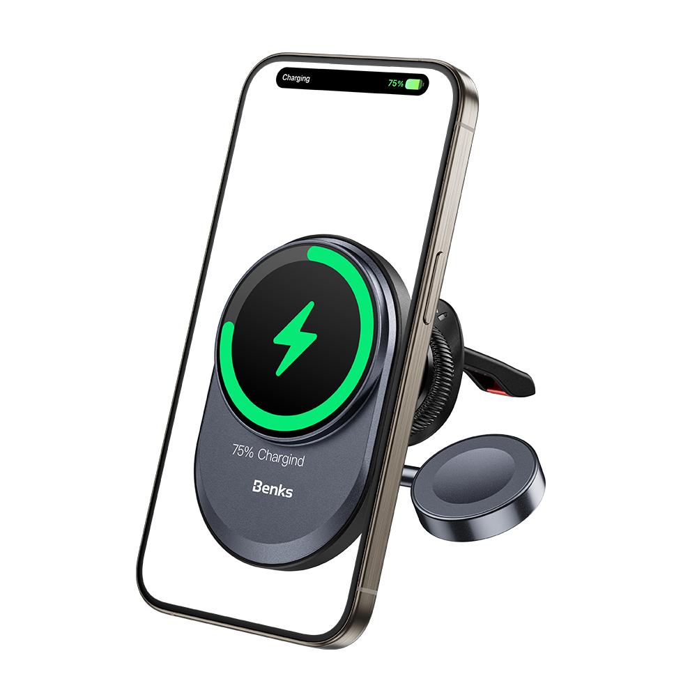 Infinity 2-in-1 Wireless Car Charger securely mounted in a vehicle, showcasing its dual charging capability for both phone and Apple Watch with a strong magnetic hold, ensuring devices are charged and ready during travel.