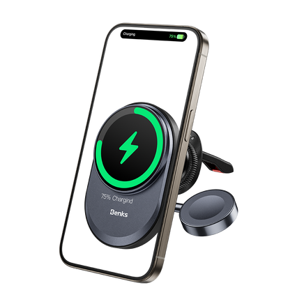 Infinity 2-in-1 Wireless Car Charger securely mounted in a vehicle, showcasing its dual charging capability for both phone and Apple Watch with a strong magnetic hold, ensuring devices are charged and ready during travel.