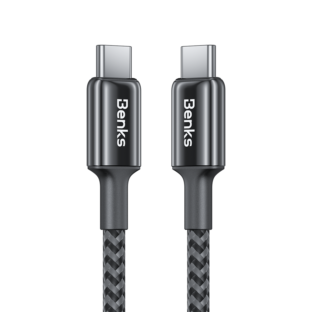 Close-up of ArmorPower Braided Cable featuring alloy connectors and tough Aramid fibers for enhanced durability.