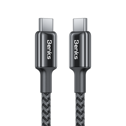 Close-up of ArmorPower Braided Cable featuring alloy connectors and tough Aramid fibers for enhanced durability.