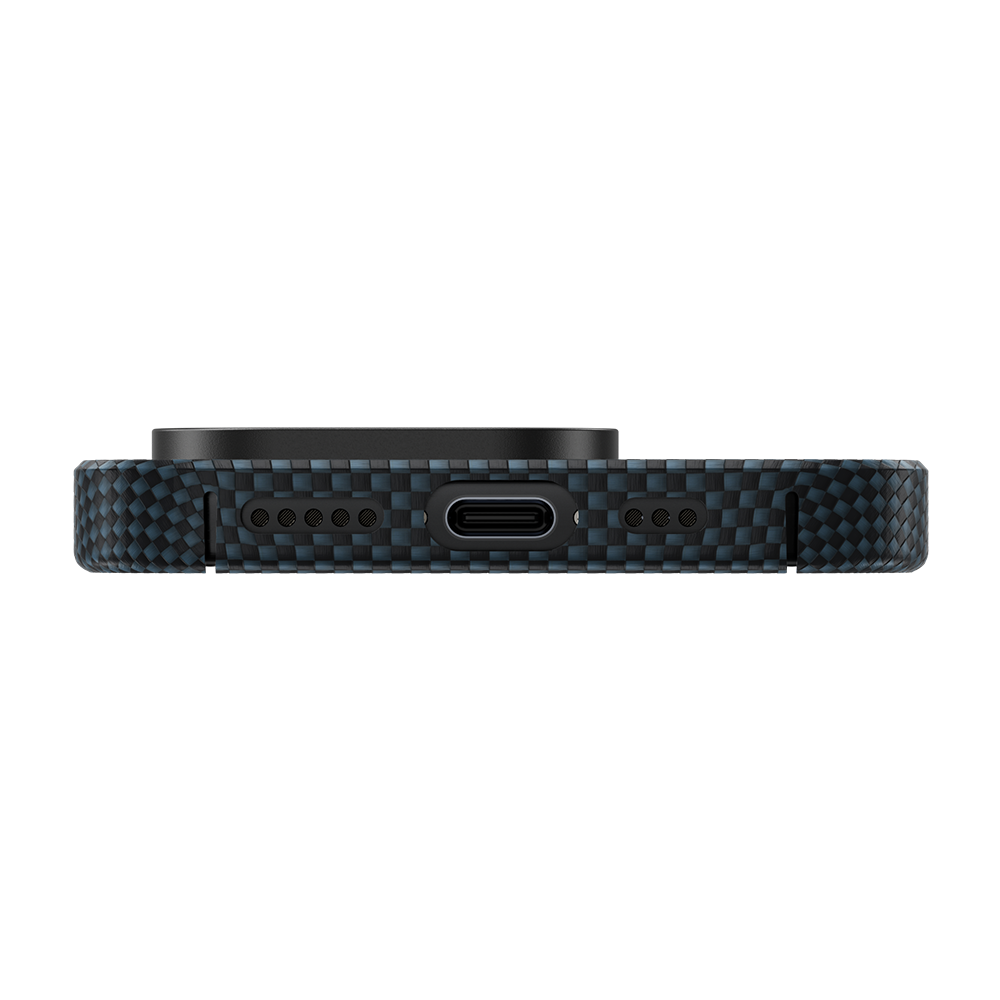 Blue ArmorTint case with Kevlar®, MagSafe compatibility, and precise bottom cutout