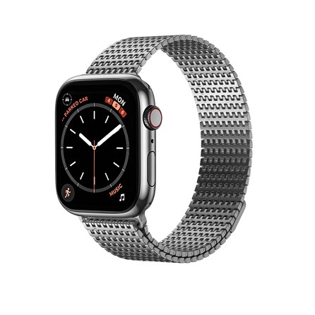 A sleek and elegant Apple Watch with a Domino magnetic metal watch band, featuring a robust metal construction and minimalist design, enhancing the overall sophistication of the timepiece.