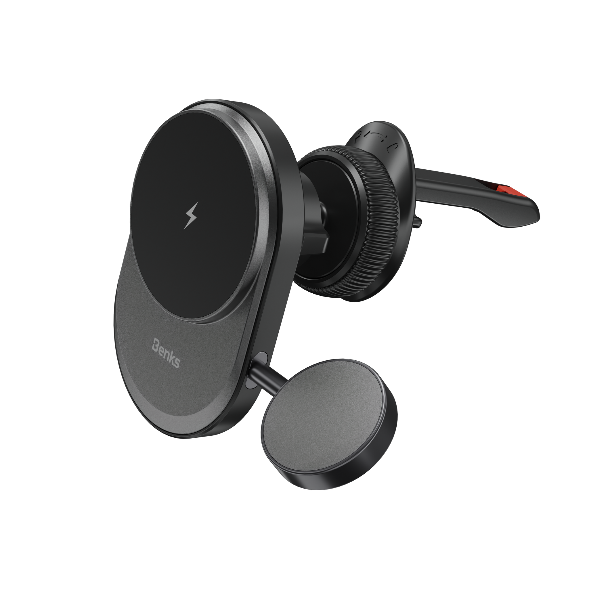 Infinity 2-in-1 Wireless Car Charger mounted in vehicle, showing strong magnetic connection and optimized wireless charging for iPhone and Apple Watch.