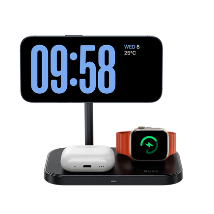 Benks Infinity 3-in-1 Wireless Charger Stand on a wooden desk charging an iPhone, Apple Watch, and AirPods, showcasing a clean and organized workspace.