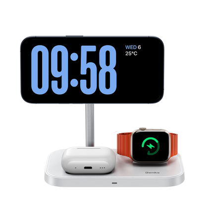 Benks Infinity 3-in-1 Charger actively charging multiple devices, illustrating its fast charging capabilities for a phone, AirPods, and Apple Watch simultaneously.