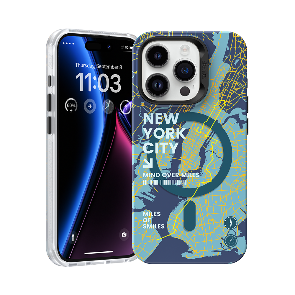 MagClap New York Phone Case for iPhone 14 Pro: A City Series case blending iconic NY street maps with slim, durable protection, MagSafe compatibility, and an elevated design symbolizing urban life.