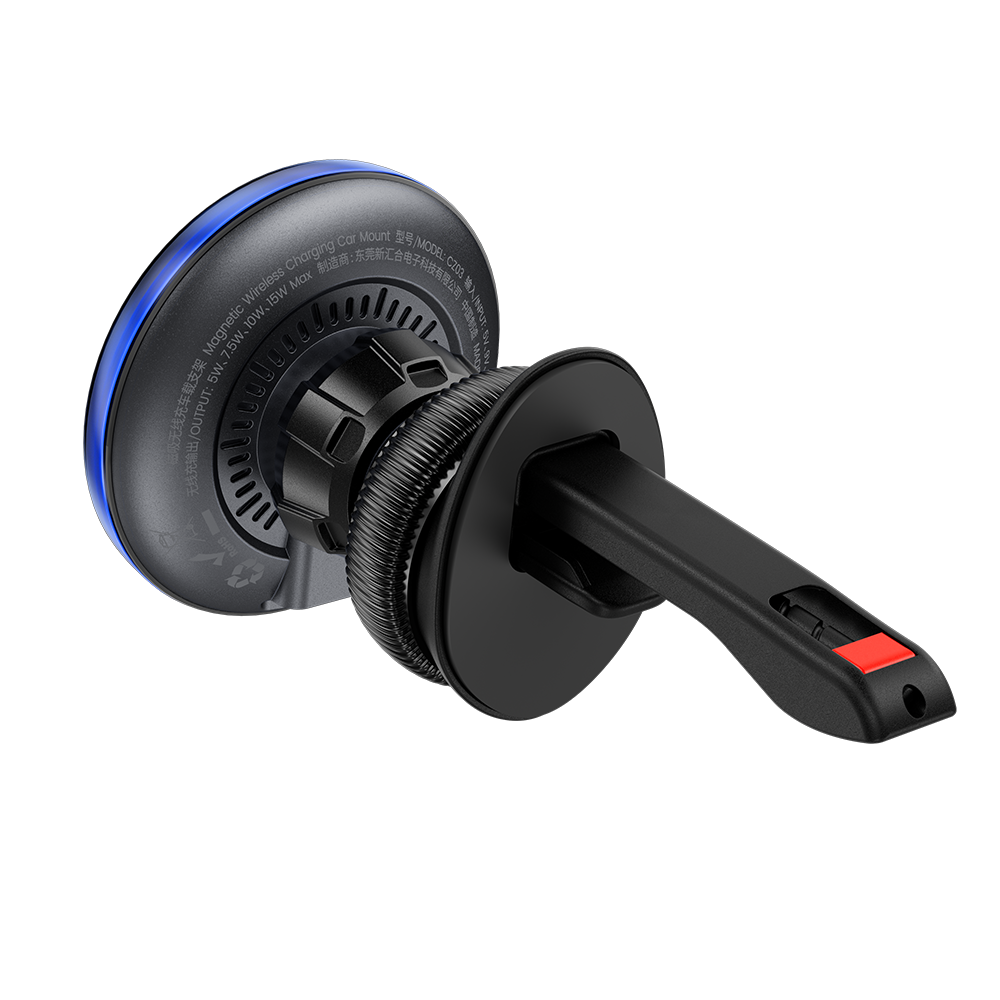 The MagClap Traveller Car Charger installed on a car air vent, illustrating its easy setup and the ability to rotate freely for optimal viewing in both vertical and horizontal modes, enhancing user convenience and safety.
