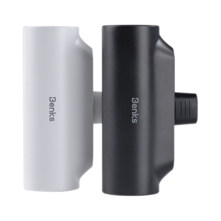 Easy-to-carry Mini Power Bank, 5000mAh capacity, featuring an integrated stand and Lightning connector for Apple devices.