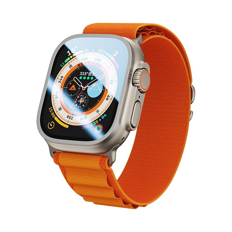 Sapphire Screen Protector for Apple Watch Ultra2/Ultra - An Apple Watch Ultra with an orange band, featuring a Benks Sapphire screen protector. The high-quality sapphire crystal screen protector provides scratch resistance and clarity, preserving the watch's pristine look while in use.