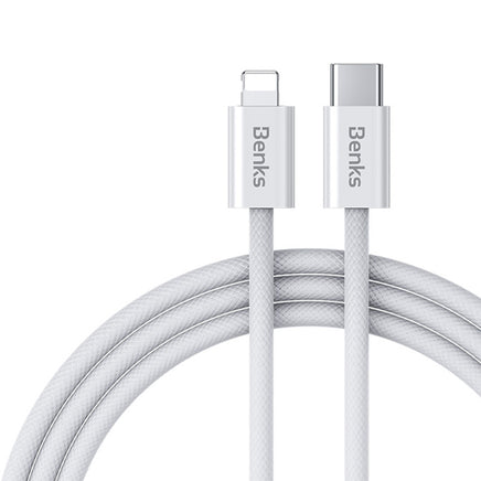 USB-C to Lightning Charging Cable - Benks USB-C to Lightning charger cable in white, designed for fast and efficient charging of iPhone, iPad, and other USB-C compatible devices. The durable construction ensures a long-lasting and reliable connection, making it an essential accessory for all your Apple devices. The close-up image showcases the high-quality connectors, emphasizing the premium build and seamless charging experience provided by Benks