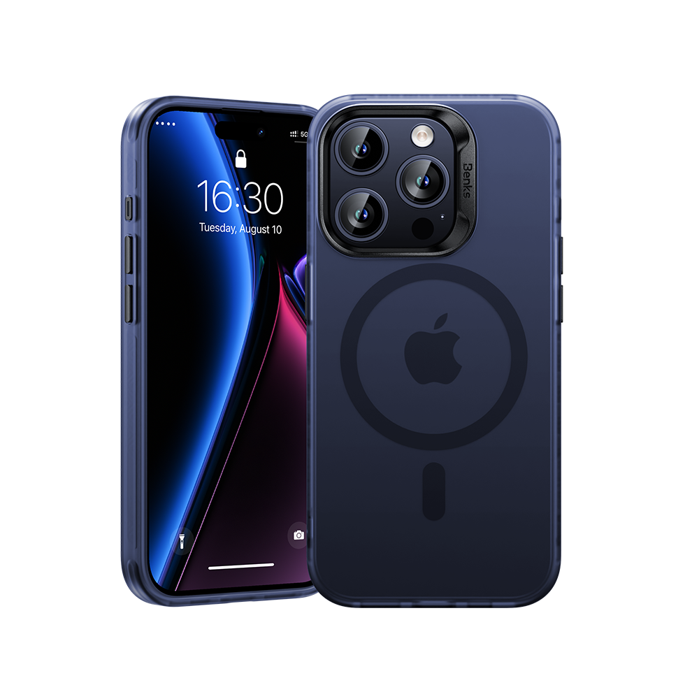 Benks Lucid Armor MagSafe phone case for iPhone 15 Pro Max, showcasing durable and sleek design in navy blue. This Benks case offers ultimate MagSafe compatibility and superior protection for your iPhone.